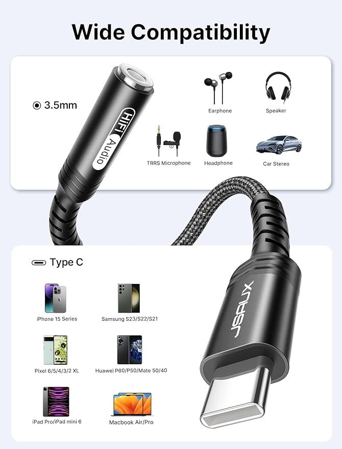 USB Type C to 3.5mm Female Headphone Jack Adapter, JSAUX USB C to Aux Audio Dongle Cable Cord Compatible with iPhone 15 Pro Max/15 Pro/15 Plus, Samsung Galaxy S23/S22/S21 Ultra, iPad Pro, Pixel -Black
