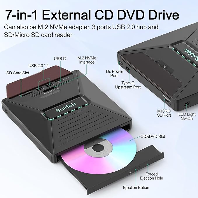 External CD DVD Drive for Laptop, 7 in 1 Portable CD DVD +/-RW Burner Reader with M.2 NVMe Interface,SD/Micro SD Card Slots and USB A Type C 2.0, Compatible with Laptop PC Mac Windows Linux