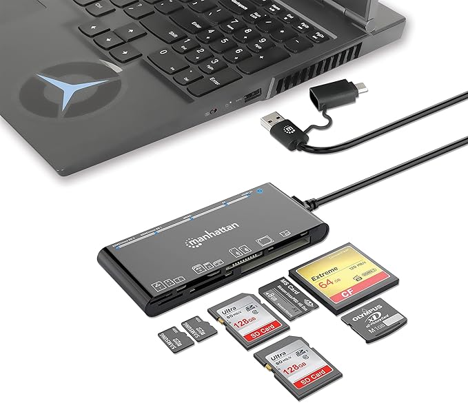 Manhattan 7 in 1 USB C & USB A Combo Multi Card Reader – Long 3 ft Cable – 5Gbps USB 3.0 - SD, TF, CF, Micro SD, XD, MS - Multiple Adapter Hub – 3 Yr Mfg Warranty – 102605