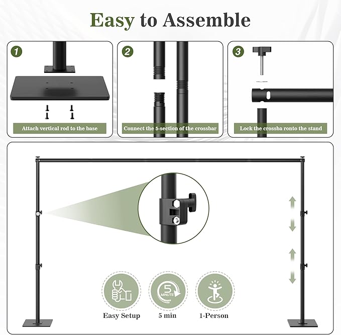 Backdrop Stand 6.5x10 ft Adjustable Photo Backdrop Stand Kit, Heavy Duty Pipe and Drape Photography Background Support with Flat Metal Base for Wedding, Party, Video Studio, Birthday, Black