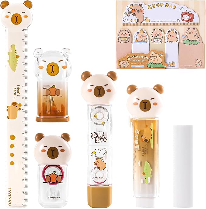Kogcmeetl 7Pcs Cute Capybara Stationary Set Kawaii School Supplies Japanese Stationery, Includes Pencil Sharpener, Eraser, Correction Tape, Glue Tape, Sticky Notes, Ruler, for Office School Supplies