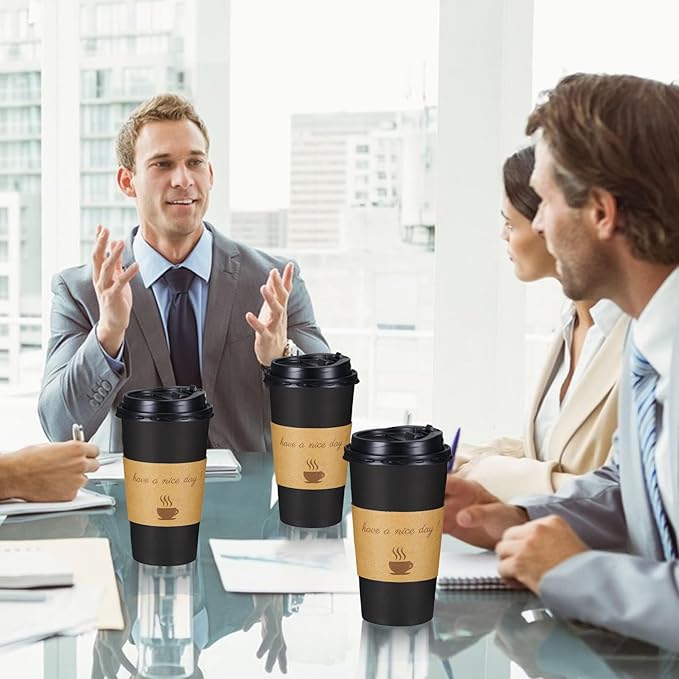 Lamosi 20 oz Disposable Coffee Cups with Lids 50 Pack, Hot Paper To Go Cups with Lids, Stir Sticks and Sleeves, for Home, Travel, Office
