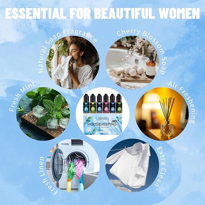 MISIJI Housekeeping Essential Oils Set for Diffuser,Pure Aromatherapy Oil for Diffuser,Candle Making,Natural Soap Scent,Cherry Blossom Soap,Fresh Mint,Fresh Linen,Air Freshener,Extra Clean