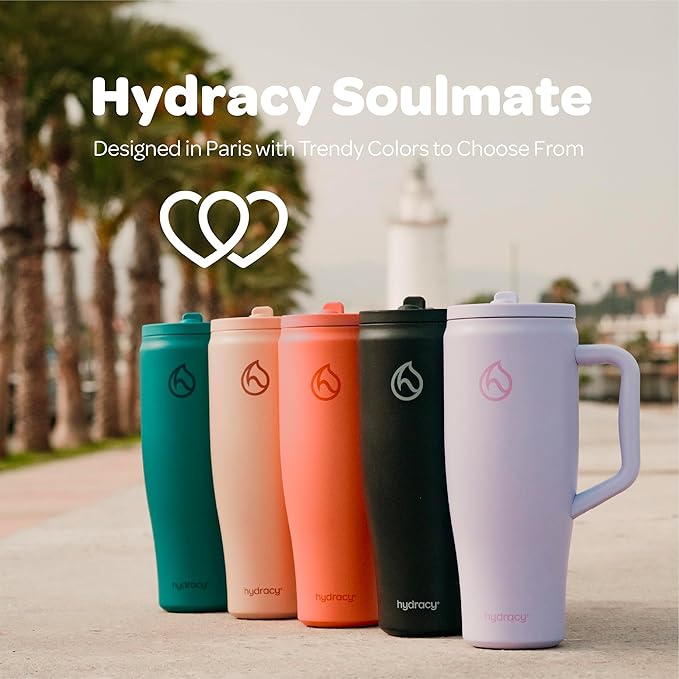 Hydracy 40oz Tumbler with Flip Straw Stainless Steel Insulated Water Bottle with Handle, Reusable Leakproof Rotatable Lid for Left or Right Hand Use, Cupholder Friendly Rubber Base - Coral Crush