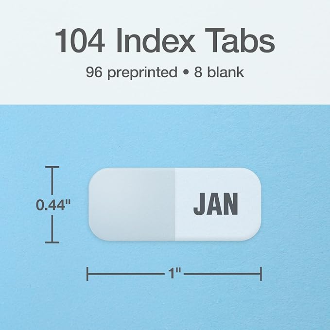 Redi-Tag Monthly Adhesive Tabs, Preprinted Tabs, 8 Sets of Jan-Dec Plus Bonus Blank Tabs, 7/17" x 1", Durable and Customizable Labels with Permanent Adhesive for Planners and Files, White (1006546)