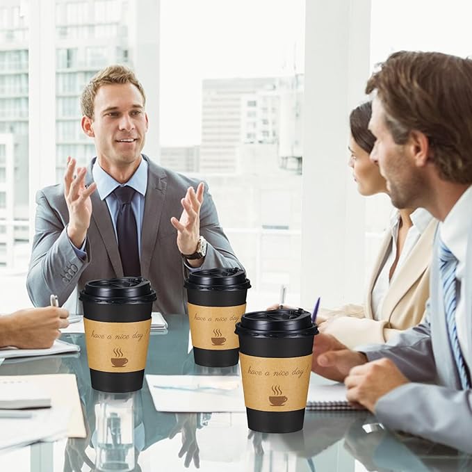 Lamosi 12 oz Coffee Cups with Lids 100 Pack, 12 oz Disposable Coffee Cup with Stir Sticks and Sleeves, To Go Hot Paper Cup for Home, Travel, Office