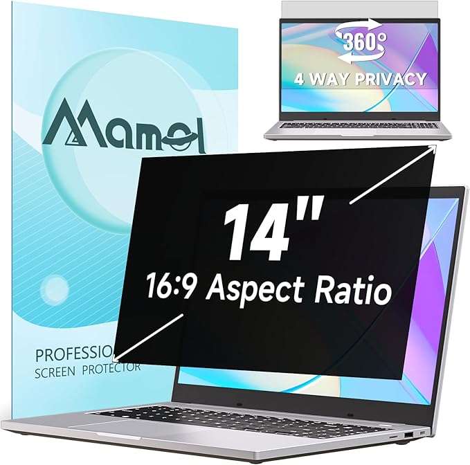 360° Privacy Screen for Laptop 14 Inch 16:9, 4 Way Computer Monitor Privacy Shield, Anti Glare Blue Light Filter Compatible with Lenovo Hp Dell Acer Asus Thinkpad Envy Xps