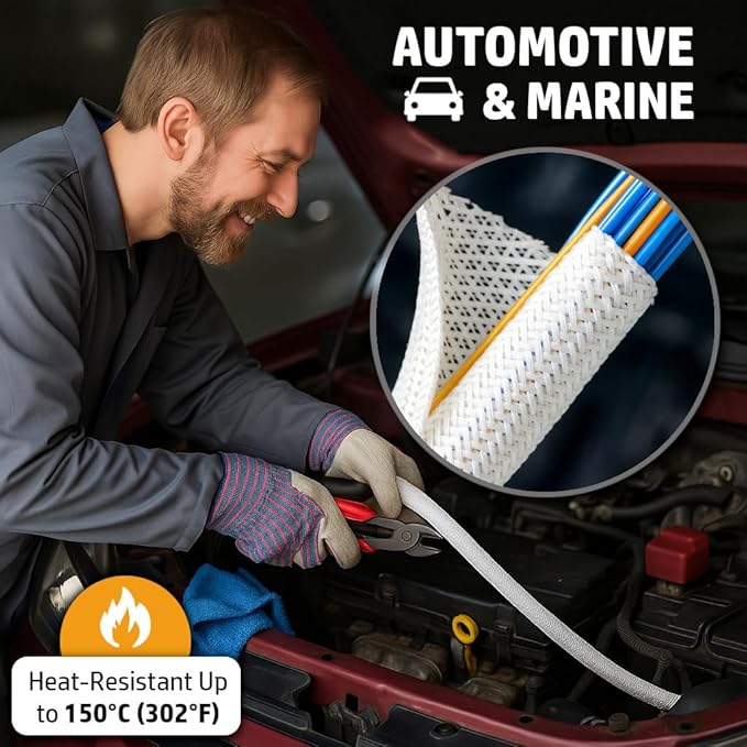 MGI SpeedWare Braided Split-Sleeve White Wire Loom for High-Temperature Automotive Harness and Home Cable Management 25 feet (3/4")