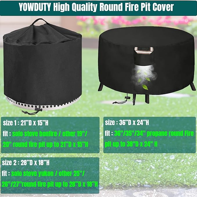 YOWDUTY Round Fire Pit Cover for Solo Stove Yukon 27 Inch, Waterproof Heavy Duty 600D Material Fire Pit Cover for 27" Solo Stove Yukon Series Firepit,Round 28" D x 18" H