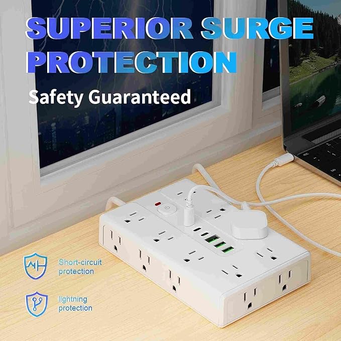Power Board Surge Protector with 16 sockets, Equipped with 3 USB A and 3 USB C Ports, Suitable for Various Devices, Including Home, Office, and Dormitory (black6.5FT)