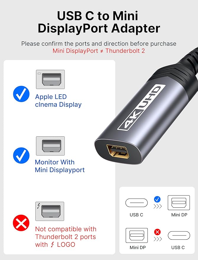 JSAUX USB C to Mini DisplayPort Adapter 4K@60Hz, Type C to Mini Display Port(Not for Thunderbolt 2) Cable, Compatible with MacBook Pro 2019 2018, Dell XPS, Samsung Galaxy S21 S20 Plus-Grey