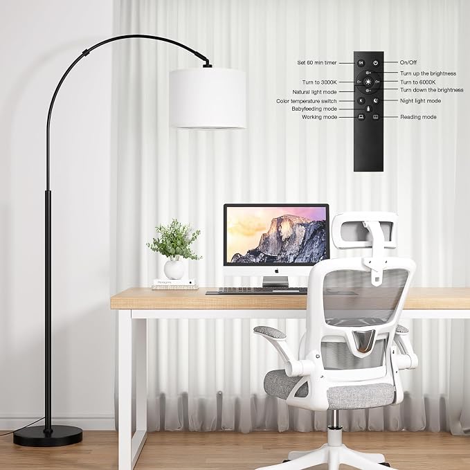 Ambimall Dimmable Arc Floor Lamp with Remote, Color Temperatures and Brightness Adjustable, Arched Floor Lamp with Rotating Head, Over Couch Arched Reading Light for Living Room (White and Black)