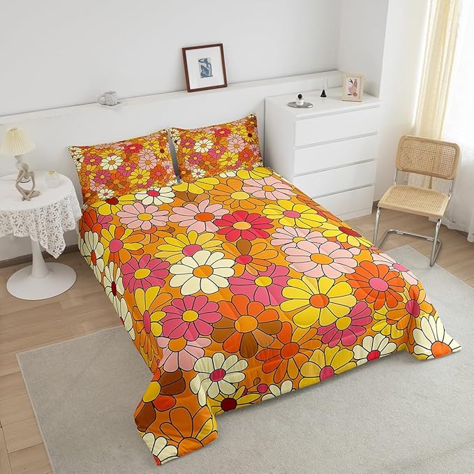 Castle Fairy Bohemian Flowers Bedding Comforters King Size,70s Floral Comforter Set for Children Xmas Gift,Hippie Retro Groovy Botanical Quilt Set Bedroom Decor, 2 Pillowcases