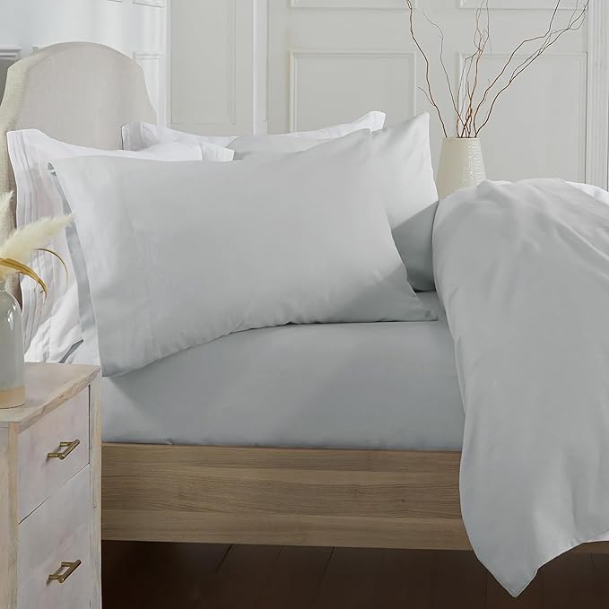 Market & Place 100% Cotton Full Flannel Sheet Set | 4 Piece Deep Pocket Solid Cozy Winter Bed Sheets | Double Brushed for Extra Softness & Comfort | Chalet Collection (Full, Light Grey)