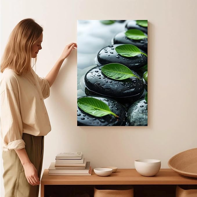 Glittering black stone cluster with fresh green leaves and water drops poster tranquil mist rain wall art zen wall art suitable for modern minimalist home decor 32x48in Frameless