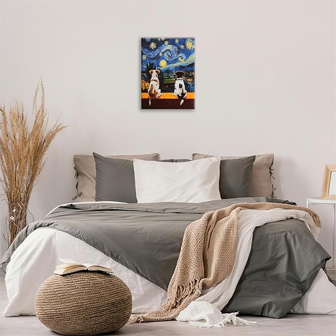 Dog Wall Art, Starry Night Dogs Pictures Wall Decor, Animal Canvas Prints Painting, Framed Artwork for Bathroom Living Room Bedroom Office Dining Room 24"X16"