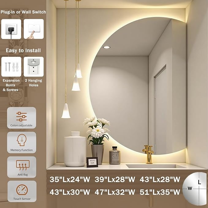 Modern Smart Anti-Fog Bathroom Mirror with Lights, Half Moon LED Wall Mirror, 3 Colors Dimmable Makeup Vanity Mirror, Large Frameless Decorative Mirror for Living Room(Right Cut,51"x35")