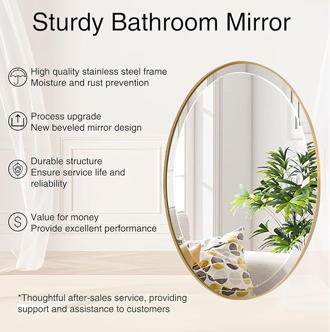 POZINO Beveled Oval Mirror, 28"x48" Brushed Gold Bathroom Mirror with Stainless Steel Frame, Modern Accent Wall Mirrors for Entryway Bedroom Hallway Living Room, Hangs Vertically or Horizontally