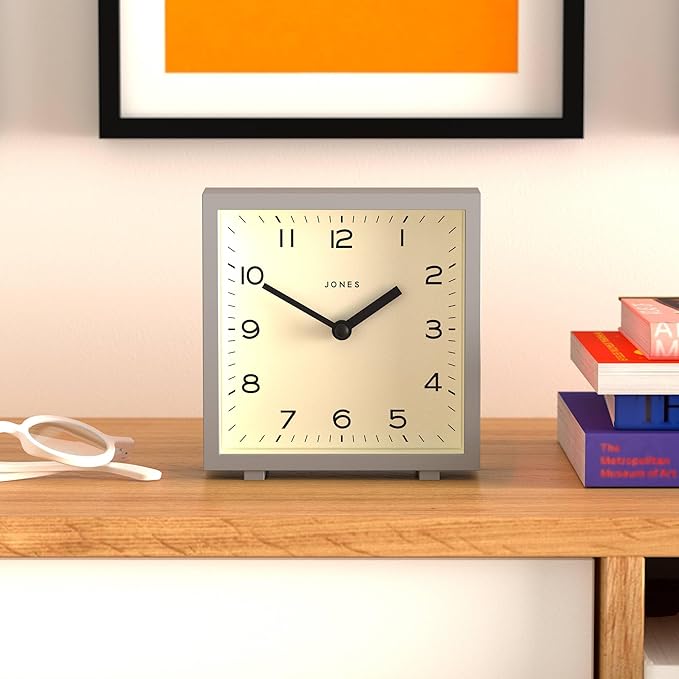 JONES CLOCKS® Disco Desk Clock | Sleek Square Design | Gray | Stylish and Easy to Read for Shelf, Table, Mantel or Bedside