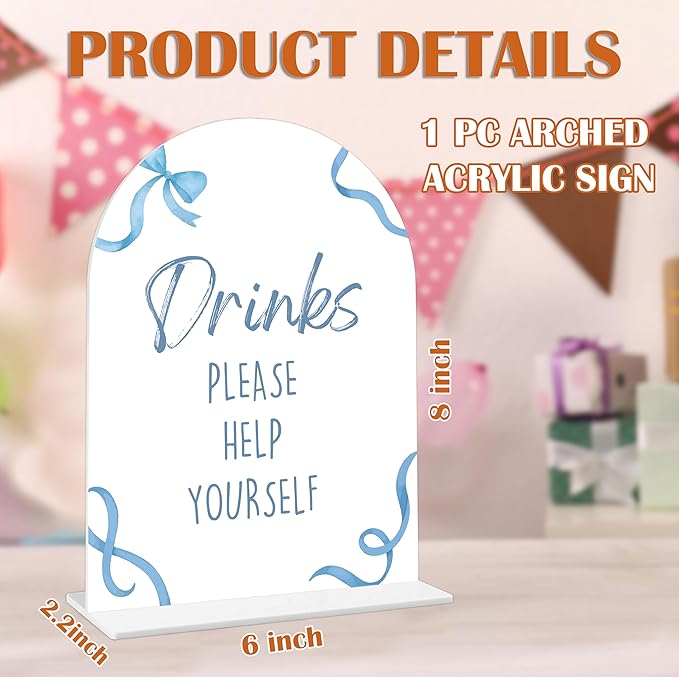 Drinks Please Help Yourself Sign - Blue Bow Baby Shower Sign, 1 Pack Arch Acrylic Sign with Stand, Gender Reveal Party Table Decor, Blue Baby Shower Supplies (SP10)
