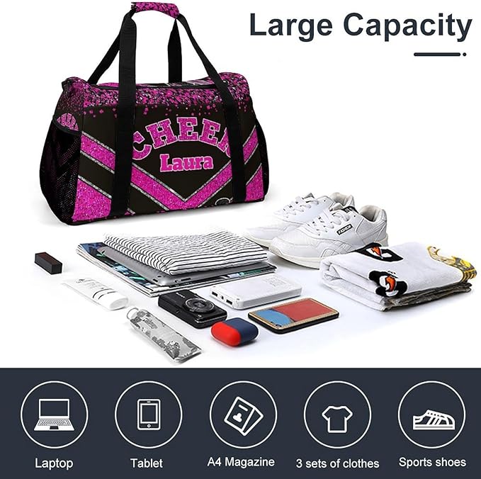 Personalized Cheer Bag Gifts for Girls Sport Cheerleading Gym Travel Duffel Bag Overnight Weekender Bags with Name (Rose Pink)