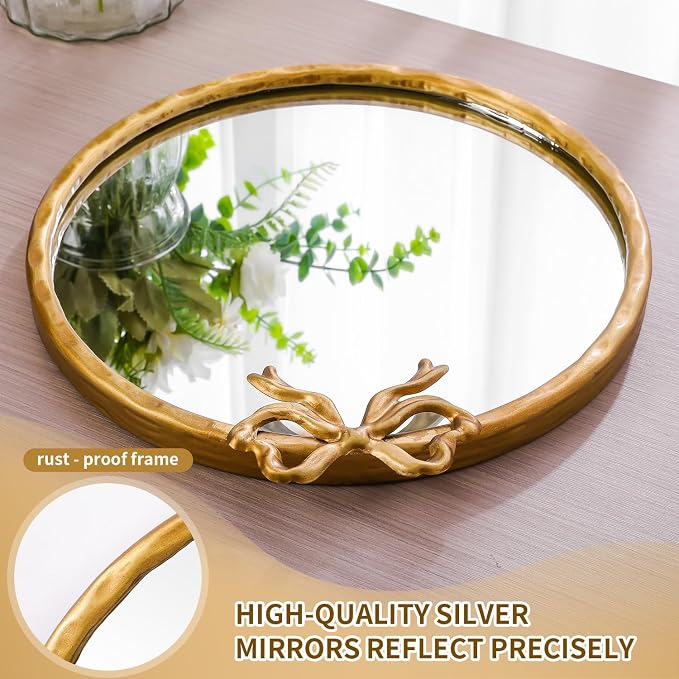 12 Inch Round Gold Mirror, Vintage Gold Mirror, Round Mirrors for Wall Decor, Antique Ornate Metal Circle Mirror with Baroque Bow for Bathroom Vanity Bedroom, Spring Women's Gift