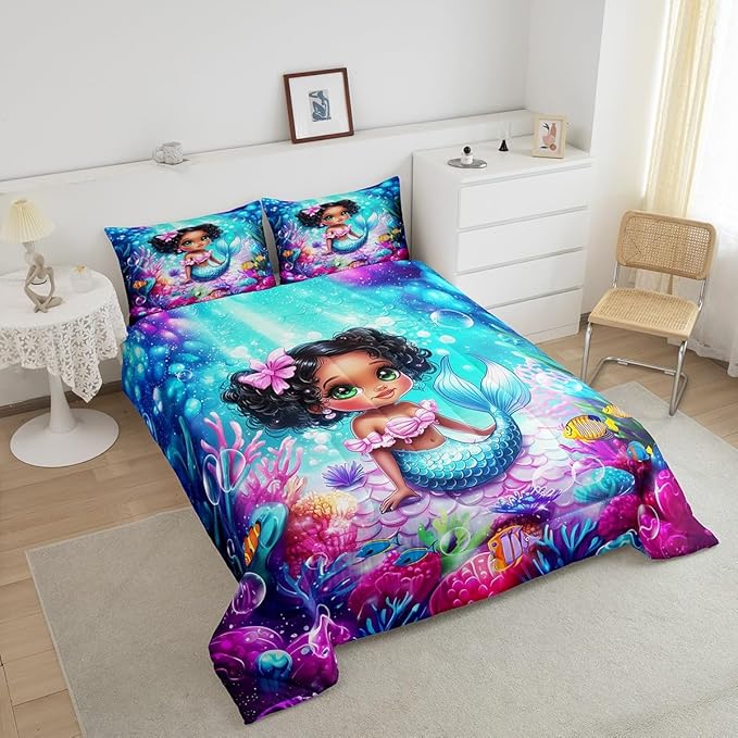 Cute Mermaid Full Size Comforter Set,Reversible Cute Girl Fish Scale Print Black Bedding Comforters Bedroom Collection,African Style Cartoon Fairy Tale Theme Bedding Set for Girls Teens