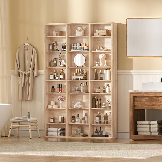 LELELINKY 8 Tier Tall Display Cabinet, Natural Media Storage Cabinet with Adjustable Shelves, Free Standing DVD Organizer Shelf, Floor multimedia storage manga bookshelf for Living Room & Home Office.