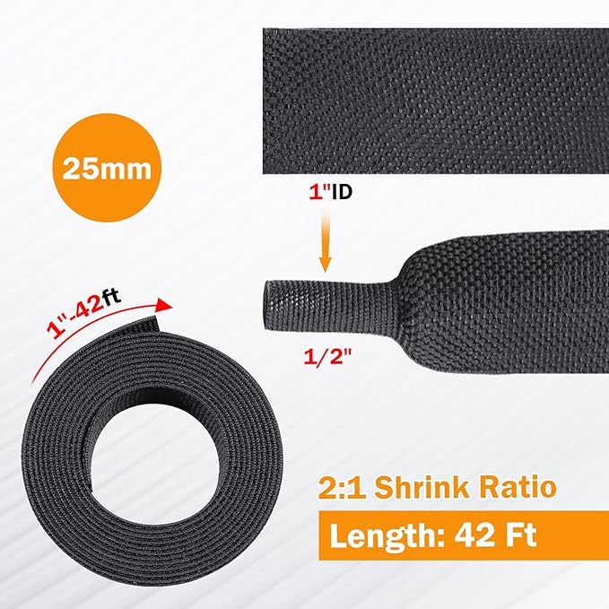 FOURUB 50% Woven Wire Loom Heat Shrink Braided Sleeving Shrinkable Fabric Cable Sleeve Braid Hose Covering Protection for Automotive Wire/Harness/Sheath(1"-42ft)