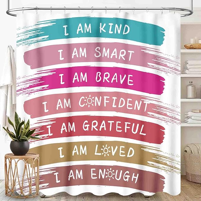 Rainbow Shower Curtain, Kids Girls Baby Boho Cute Inspirational Motivational Quotes Bohemian Cartoon Colorful Pastel Waterproof Fabric Bathroom Shower Curtain Set with Hooks, 72"x84" Inch