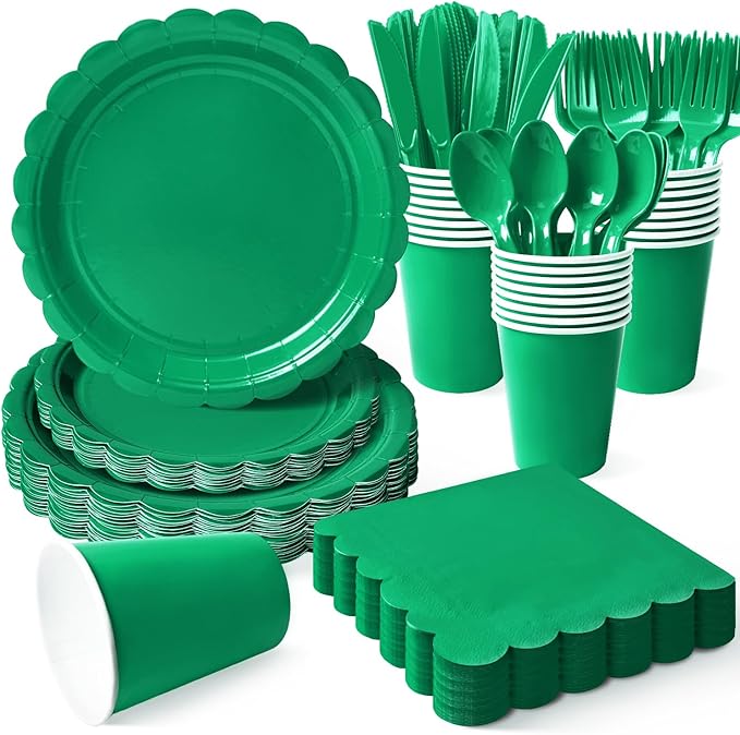 Vyntra 350 PCS Disposable Plates for Party, Paper Plates & Napkins Set with Cups, Knives, Forks, Spoons, 7'' Dessert and 9'' Dinner Plates for Birthday, Christmas, St. Patrick's Day - Green