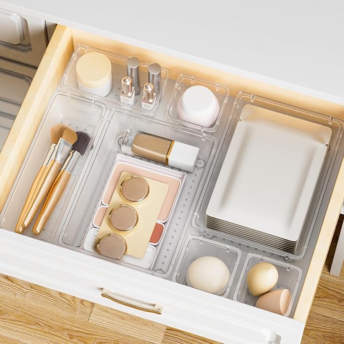 15 PCS Clear Plastic Drawer Organizer Set, 4-Size Acrylic Drawer Storage Trays, Storage Bins for Makeup, Gadgets, and Jewelry in Bathroom, Bedroom and Office, Clear