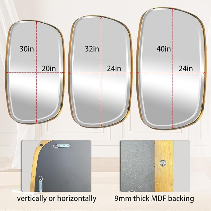 POZINO Beveled Bathroom Mirror, 40"x24" Oblong Vanity Mirrors with Stainless Steel Frame, Brushed Gold Rectangle Wall Mirror for Entryway Bedroom Hallway Living Room, Hangs Vertically or Horizontally