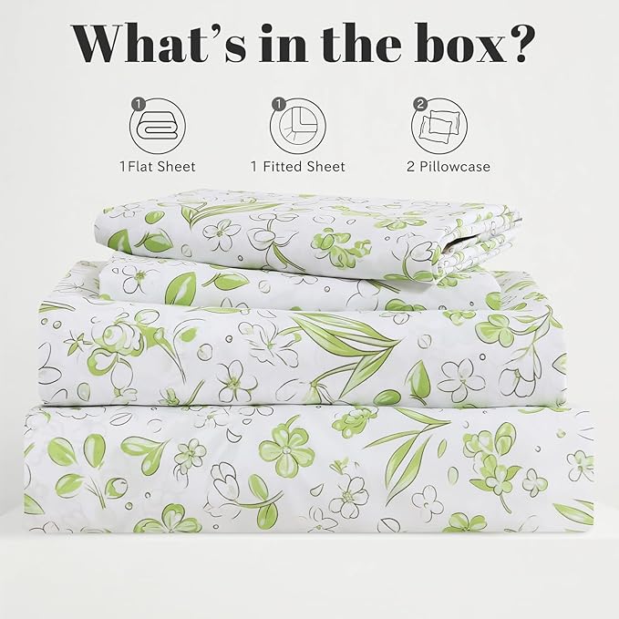 Bedlifes California King Sheet Set Ultra Soft, Breathable, Silky Flower Deep Pocket 100% Microfiber Bedding, 4 Piece Cal King Size Green Floral