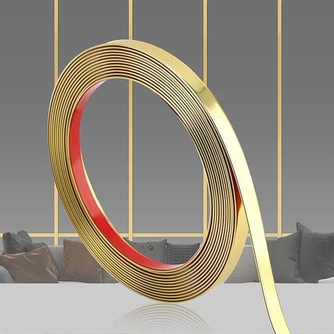 Glossy Gold Peel and Stick PVC Molding Trim, Flexible DIY Wall Accent Strip for Mirror Frame, Cabinet, Edges & Borders and Tiles (197''L x 0.4''W)