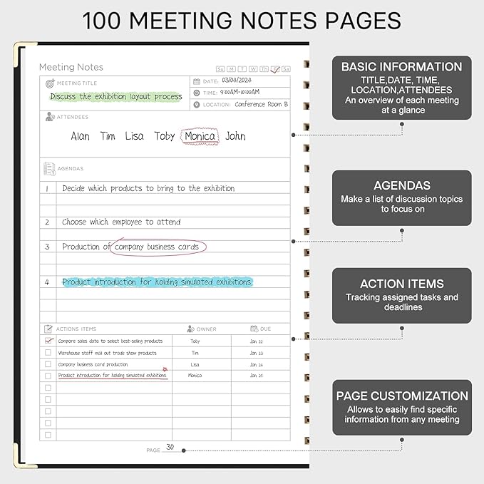 EMSHOI Meeting Notebook for Work - B5 Half Meeting Half Note Planner, 100 Pages, 100GSM Thick Paper, Hardcover, Project Organizer for Women Men Office, Business, Note Taking, 8"x10.2" - Black