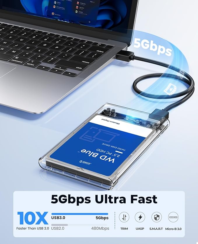 ORICO 2.5'' External Hard Drive Enclosure USB 3.0 to SATA III Tool-Free Clear Hard Disk Case for 2.5 inch 7mm 9.5mm SATA HDD SSD Max 6TB Support UASP(2139U3)