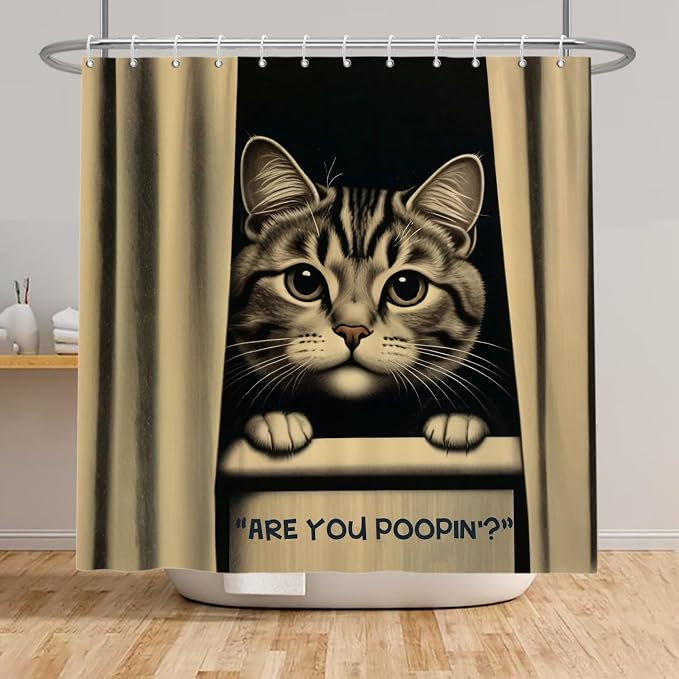Cat Shower Curtains Cute are You Poopin' Funny Humorous Animal Whimsical Bathroom Curtain Curious Joke Cat Shower Curtain Sets for Bathroom Extra Long 66x72 in with 12 Hooks
