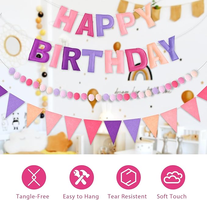 CANREVEL Pre-Strung 3D Happy Birthday Banner, 3 PCS Pink and Purple Happy Birthday Felt Garland, Pom Pom Garland, Triangle Fabric Bunting, Reusable Purple and Pink Decorations for Girls Women