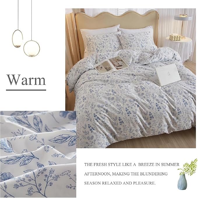 Blue Floral Comforter Set Full Size White Soft Microfiber Bedding Set Soft Fluffy Vintage Garden Style Botanical Comforter Set for Girls Women Cottagecore Flowers Boho Comforter with 2 Pillowcases