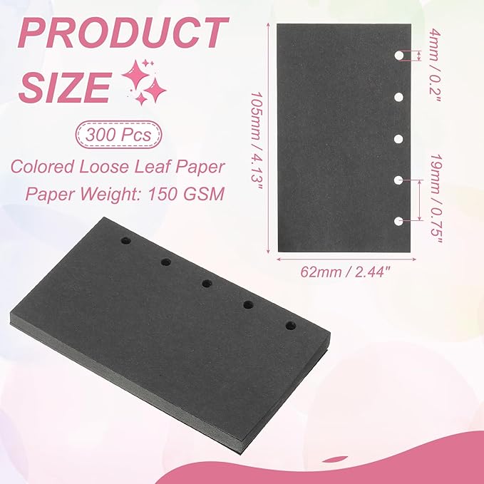 PATIKIL Colored Loose Leaf Paper, 4.1" x 2.5"(A8) 300 Sheets 5 Holes Punched 150GSM Blank Binder Refill Paper Supplies for Office Note Taking Teacher Planner Journal Notebook, Black