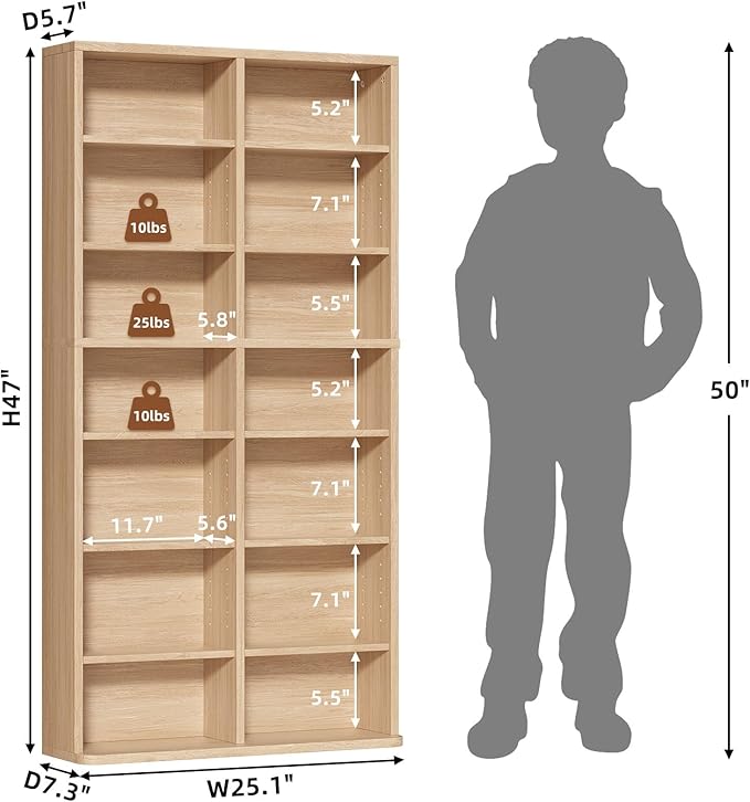 LELELINKY 7 Tier Tall Display Cabinet, Natural Media Storage Cabinet with Adjustable Shelves, Free Standing DVD Organizer Shelf, Floor multimedia storage manga bookshelf for Living Room & Home Office.