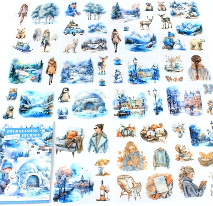 Dwpetzo Winter Pre-Cut Journal Sticker Book for Junk Journaling, Transparent PET White Snow Landscape Stickers for Scrapbook Supplies, Scrapbooking, Collage, Planners, Bujo, 20 Sheets