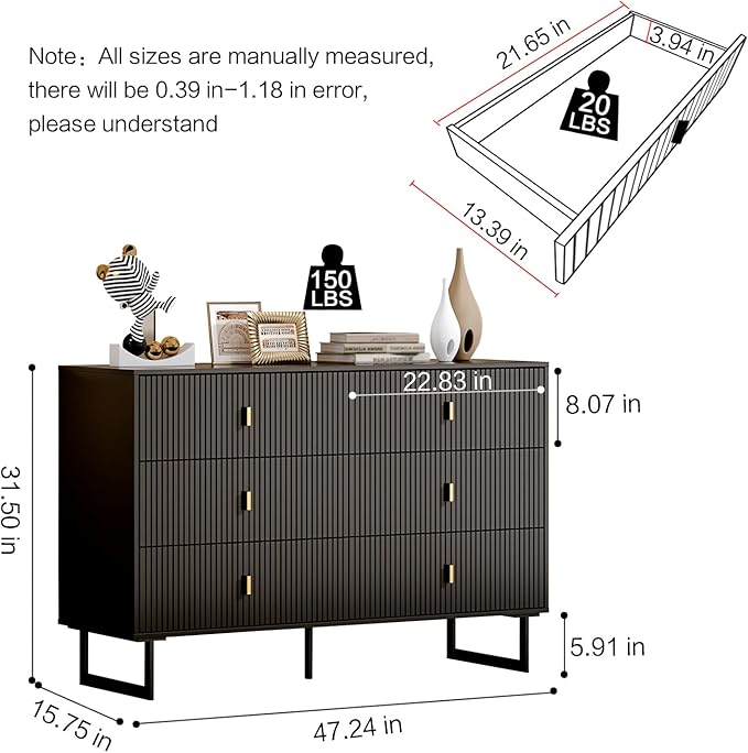 Chrangmay Modern Chest of Drawers with 6 Drawers,Deep Drawers,Clothes Organizer,Large Storage Cabinet for Living Room, Bedroom,Hallway,with Anti-Tipping Device,Black