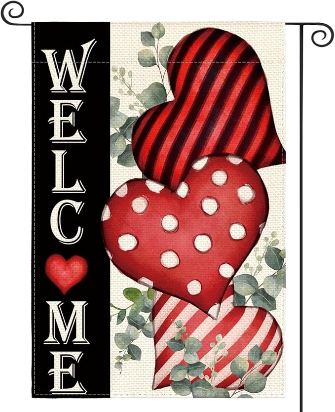 AVOIN colorlife Valentines Day Welcome Garden Flag 12x18 Inch Outside Double Sided, Anniversary Love Heart Rustic Yard Outdoor Decoration
