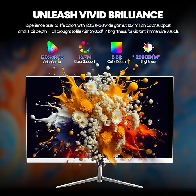 CRUA 24.5" White Gaming Monitor, 200Hz FHD(1920 * 1080P) VA Screen Computer Monitor, Supports Freesync, 120% sRGB, Blue Light Filter, Built-in Speakers, Wall Mountable Installs(HDMI 1.4/DP 1.2)