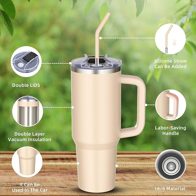 40 oz tumbler with handle and straw,Double Wall Vacuum Reusable Stainless Steel Insulated Water Bottle,With Leak Proof lid and Straw for Iced or Cold Beverages (Rose Quartz)