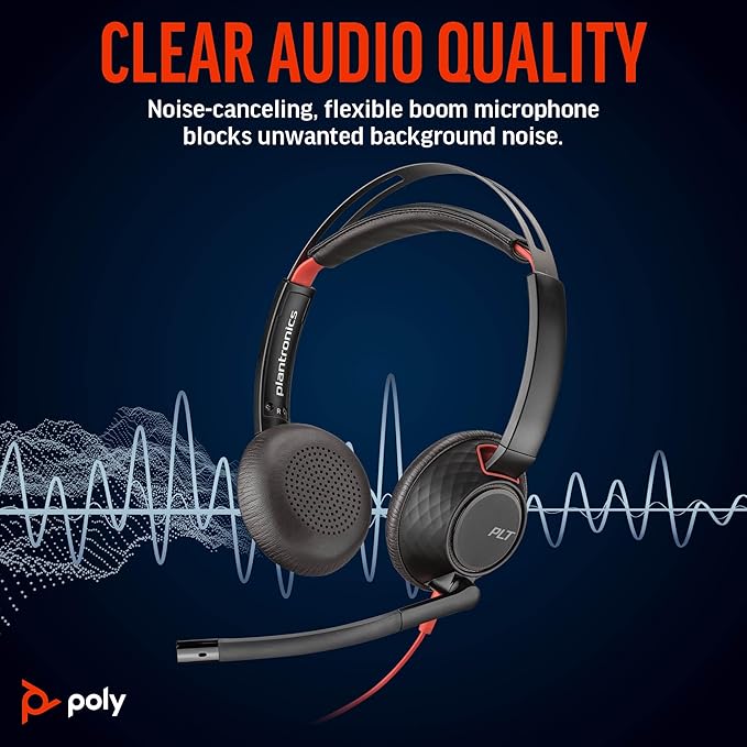 Poly Blackwire 5220 Wired Headset - Flexible Boom Mic - Noise Cancelling Headphones with Mic - USB-C, USB-A, 3.5mm - Ergonomic Over-Ear Design - Works with Microsoft Teams, Zoom - Work from Home