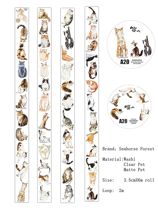 RICHTAPES-Seahorse Forest Vol3-A20 Meow,Original Design Cute Cat Vintage Thin Washi Tape Stickers,for Scrapbook Supplies,Scrapbook Tape Stickers,Junk Journal Stickers,Bullet Journal Supplies