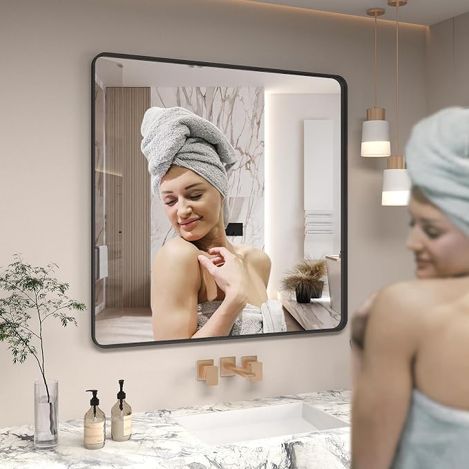 36x36 Square Black Bathroom Mirror, Matte Framed Bathroom Vanity Mirror for Wall, Modern Rectangle Mirror, Rounded Corners, Tempered Glass